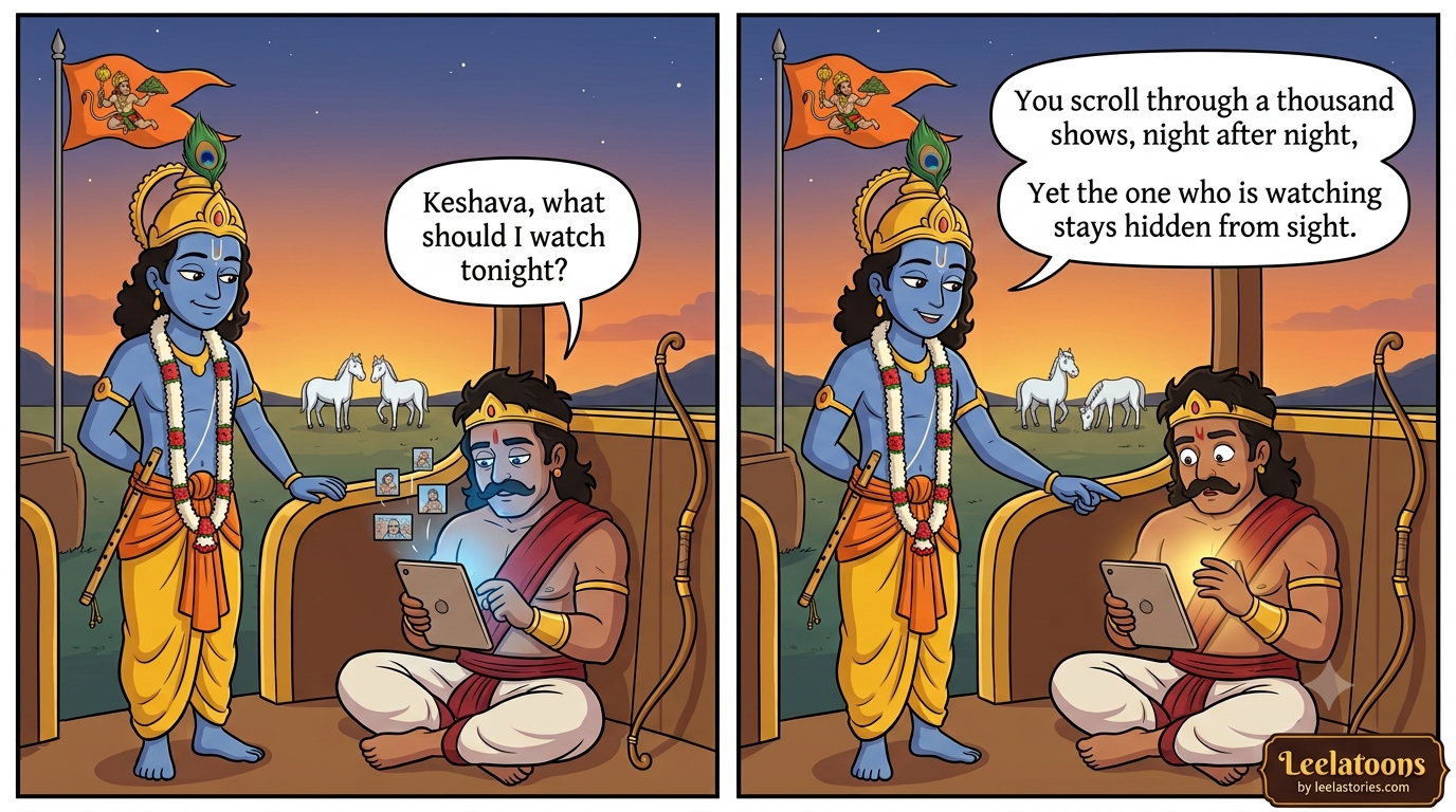Panel 1: Arjun sits slumped on the chariot floor, scrolling a tablet, and asks, “Keshava, what should I watch tonight?” Panel 2: Krishna points gently at a golden glow in Arjun's chest and says, “You scroll through a thousand shows, night after night, yet the one who is watching stays hidden from sight.”